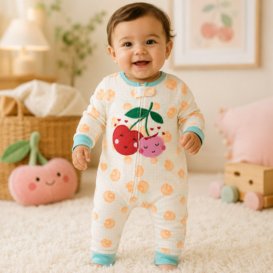 Smiling baby wearing the Sweet Cherry Baby Romper from Lullaby Threads in a soft pastel nursery with cherry-themed décor.