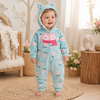 Toddler wearing an aqua floral polar fleece hooded romper with pink owl appliqué, front pockets and little hood ears from Lullaby Threads.