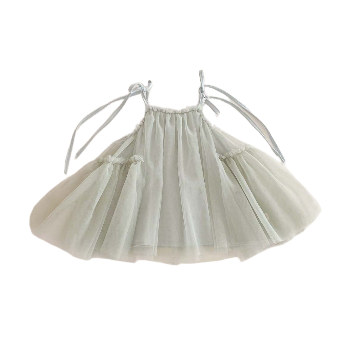 Tulle Party Dress with Ribbon Straps - Green