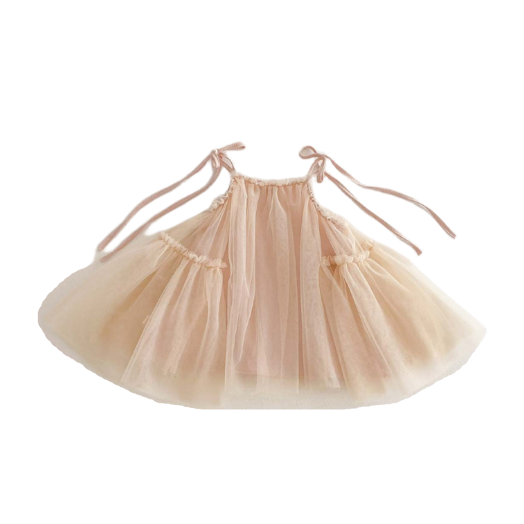 Tulle Party Dress with Ribbon Straps - Peach