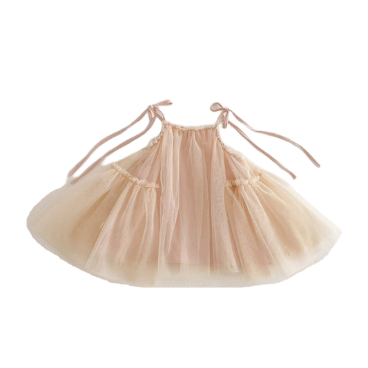 Tulle Party Dress with Ribbon Straps - Peach