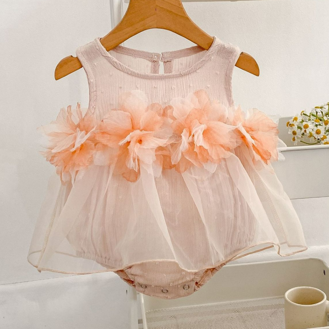 Tulle 3D Floral Romper Dress - Light Pink