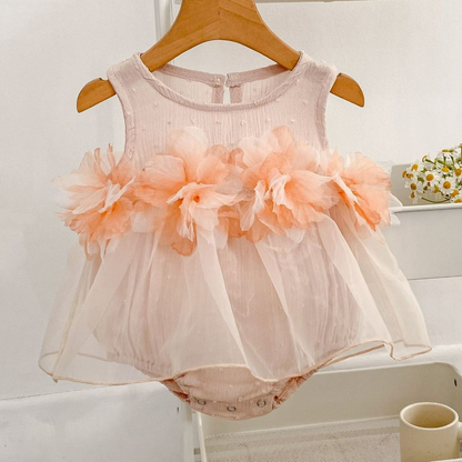 Tulle 3D Floral Romper Dress - Light Pink