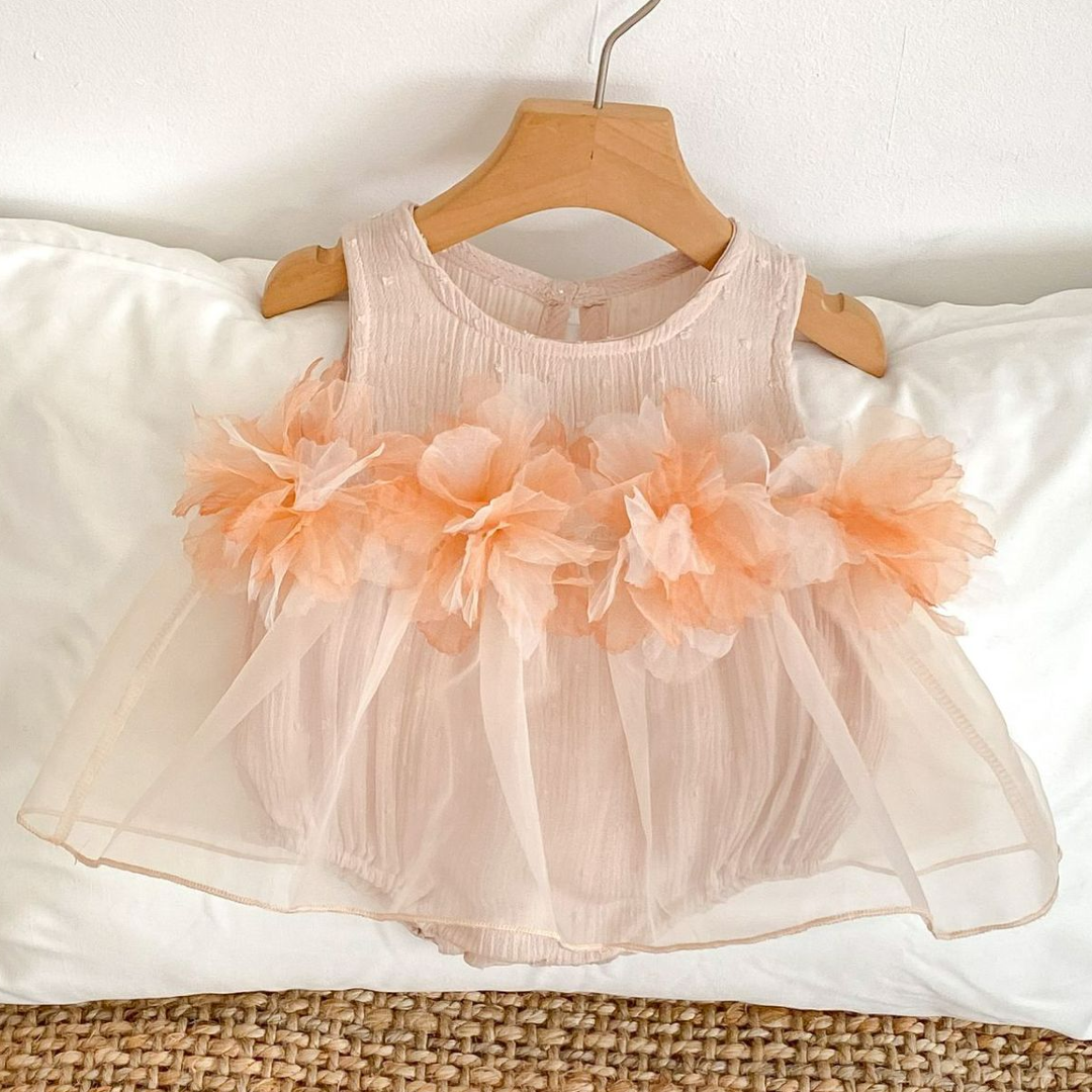 Tulle 3D Floral Romper Dress - Light Pink