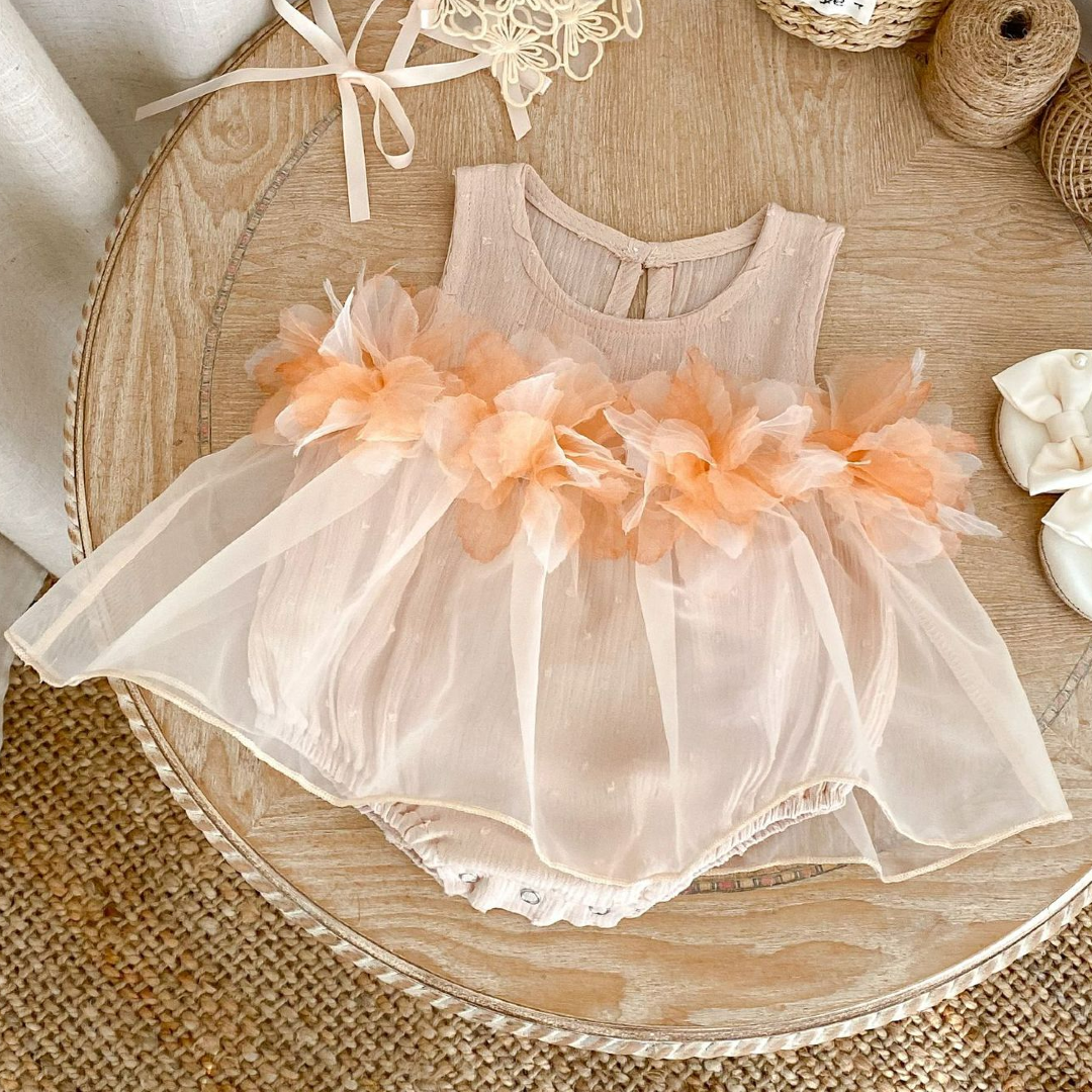 Tulle 3D Floral Romper Dress - Light Pink