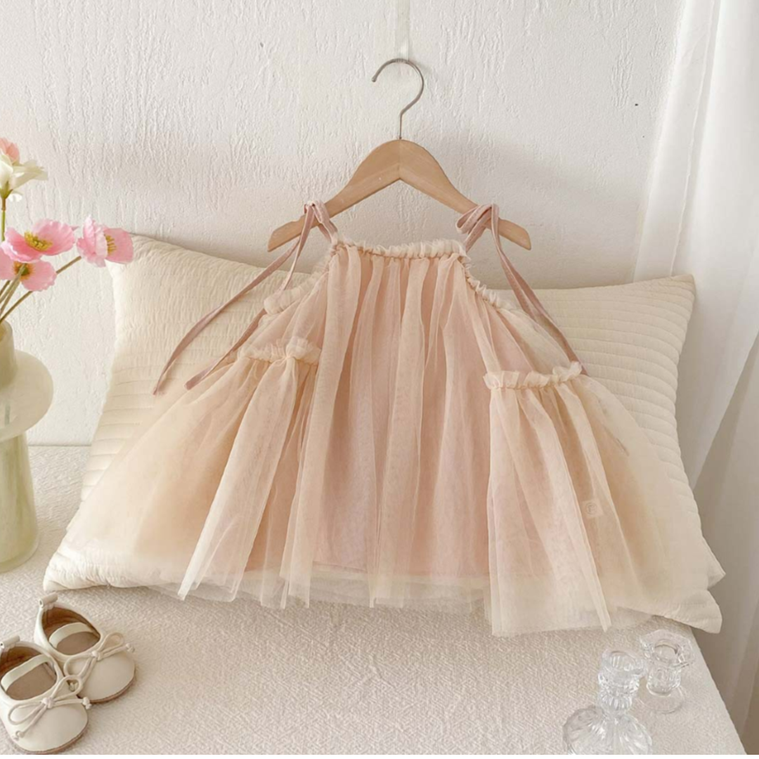 Tulle Party Dress with Ribbon Straps - Peach