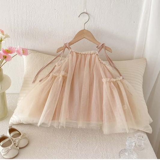 Tulle Party Dress with Ribbon Straps - Peach
