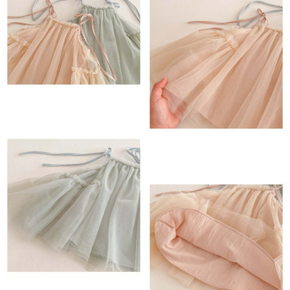 Tulle Party Dress with Ribbon Straps - Green