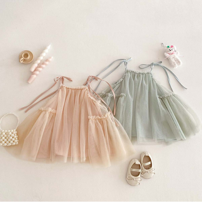 Tulle Party Dress with Ribbon Straps - Green