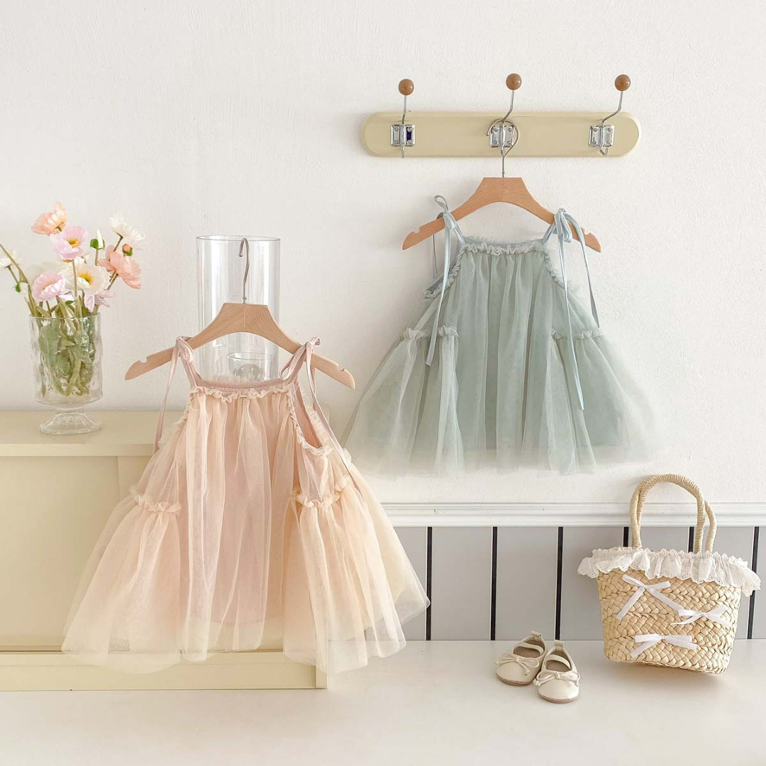 Tulle Party Dress with Ribbon Straps - Green
