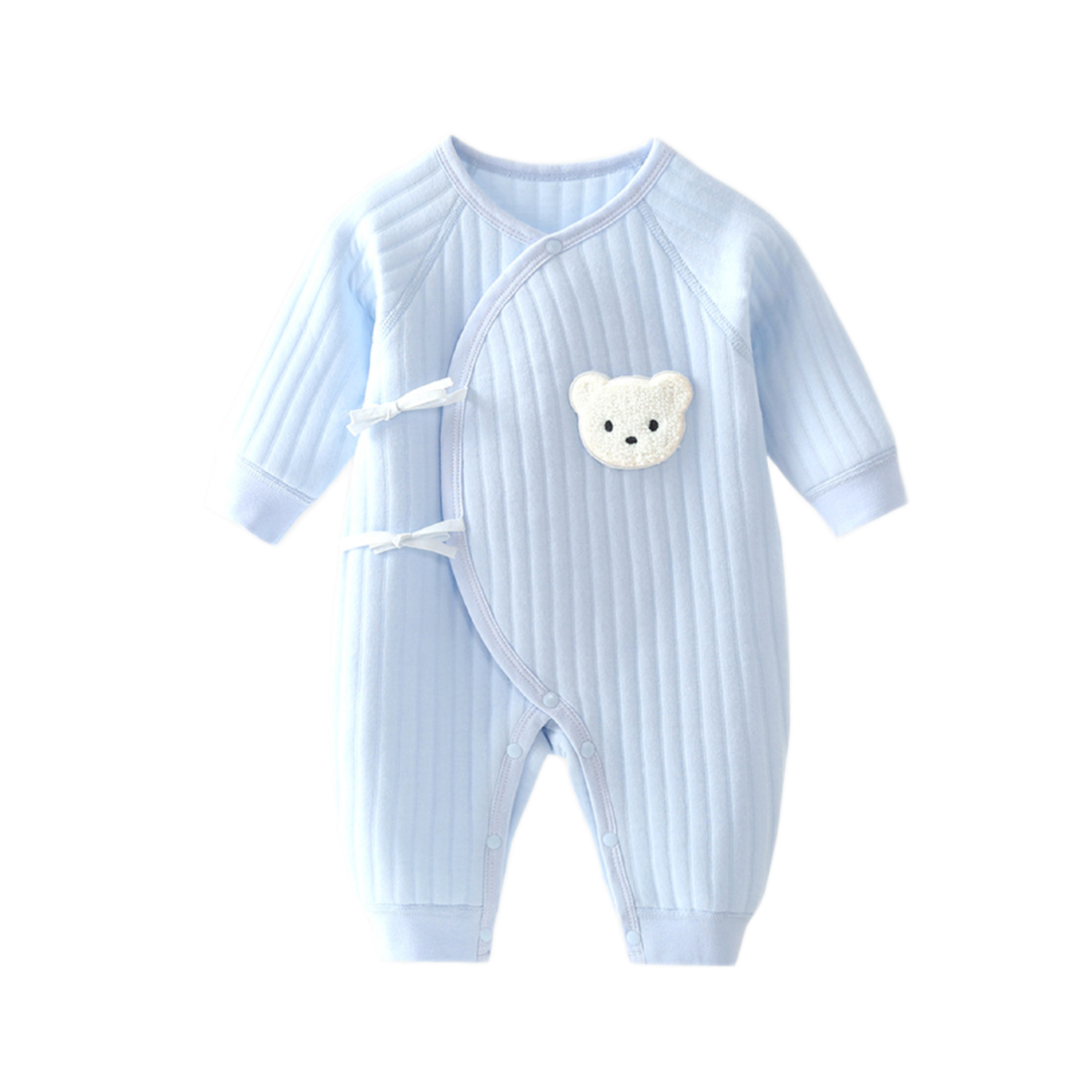 Baby Romper with Bear Embroidery - Blue