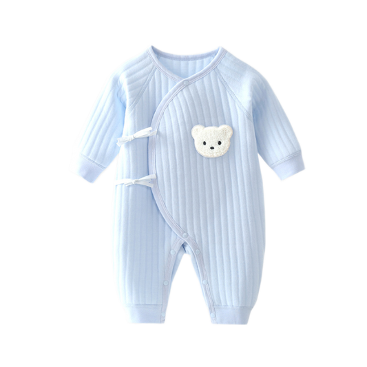 Baby Romper with Bear Embroidery - Blue
