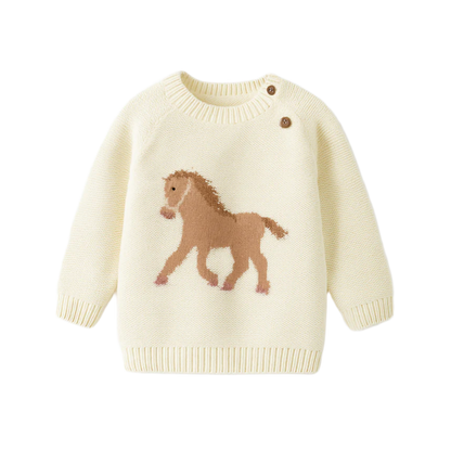 Baby White Sherpa-Lined Horse Knit Sweater