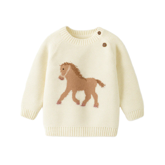 Baby White Sherpa-Lined Horse Knit Sweater