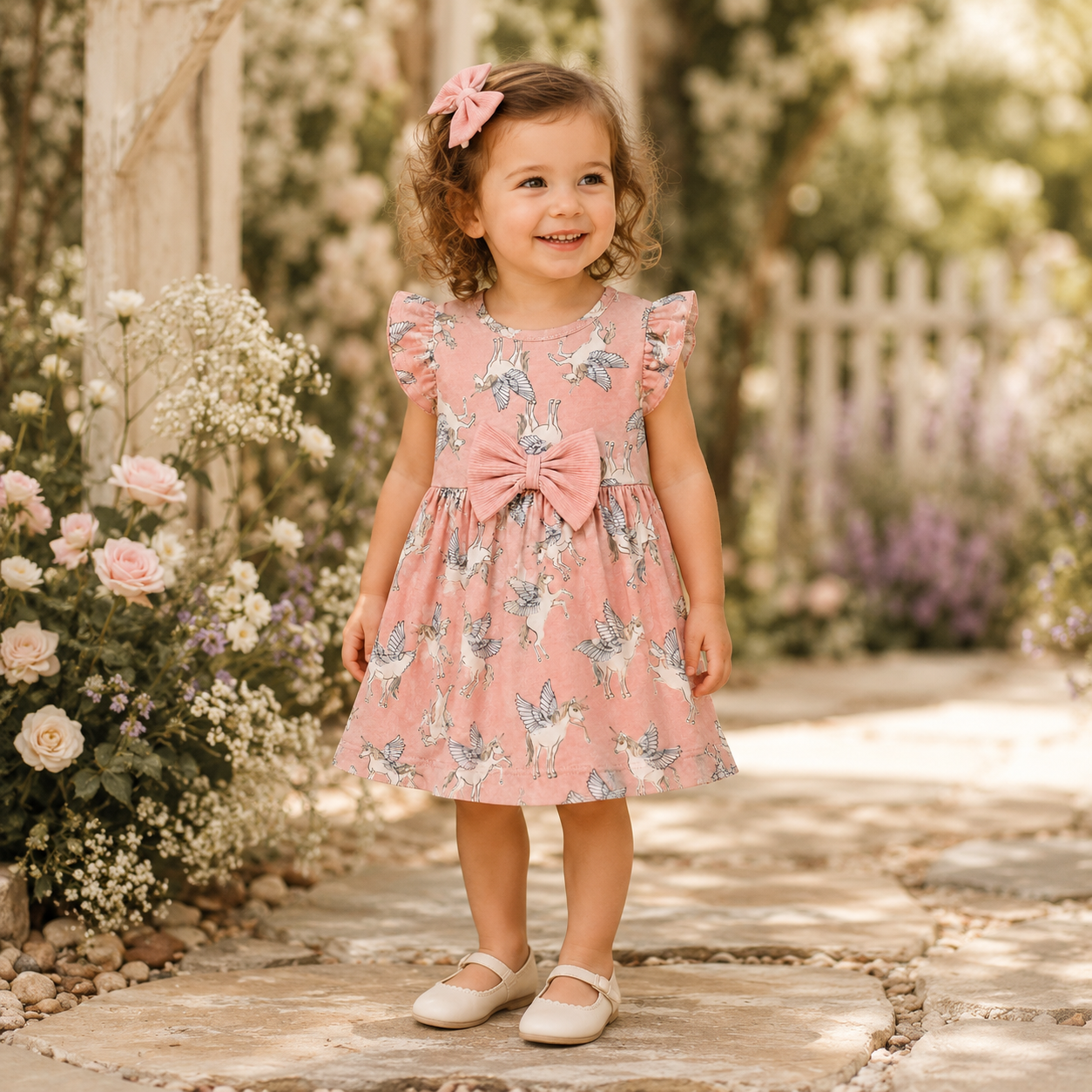 Toddler wearing a blush pink cotton dress with winged unicorn print, flutter sleeves and a waist bow in a dreamy pastel setting from Lullaby Threads.