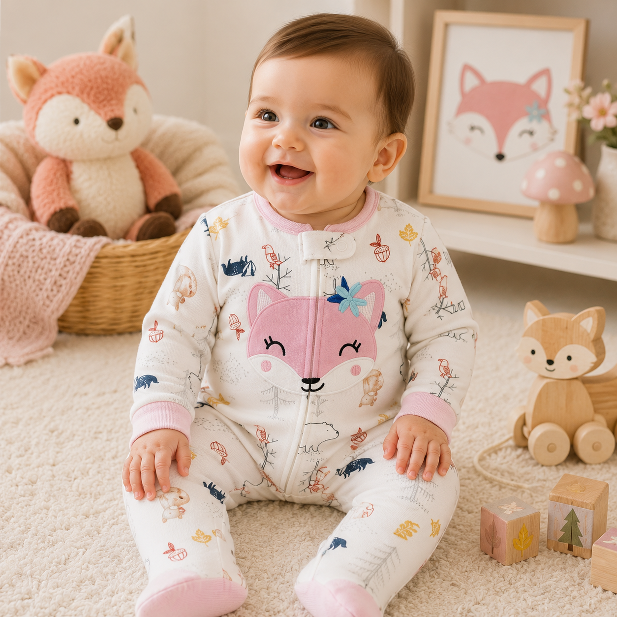 Smiling baby girl wearing a cream woodland fox zip romper with pink cuffs in a softly styled forest nursery from Lullaby Threads.