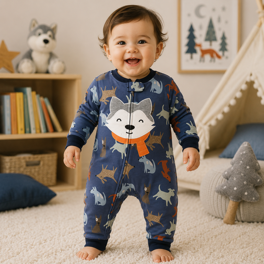 Smiling baby wearing the Woodland Fox Baby Romper from Lullaby Threads in a cosy woodland-themed nursery with forest-inspired décor and plush toys.