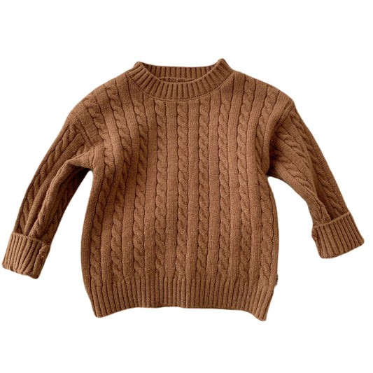 Wool Top with Boat Neck and Cable Knit Print - Coffee