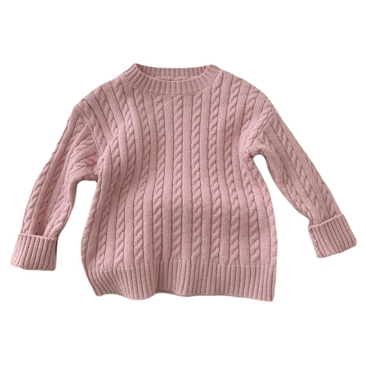 Wool Top with Boat Neck and Cable Knit Print - Pink