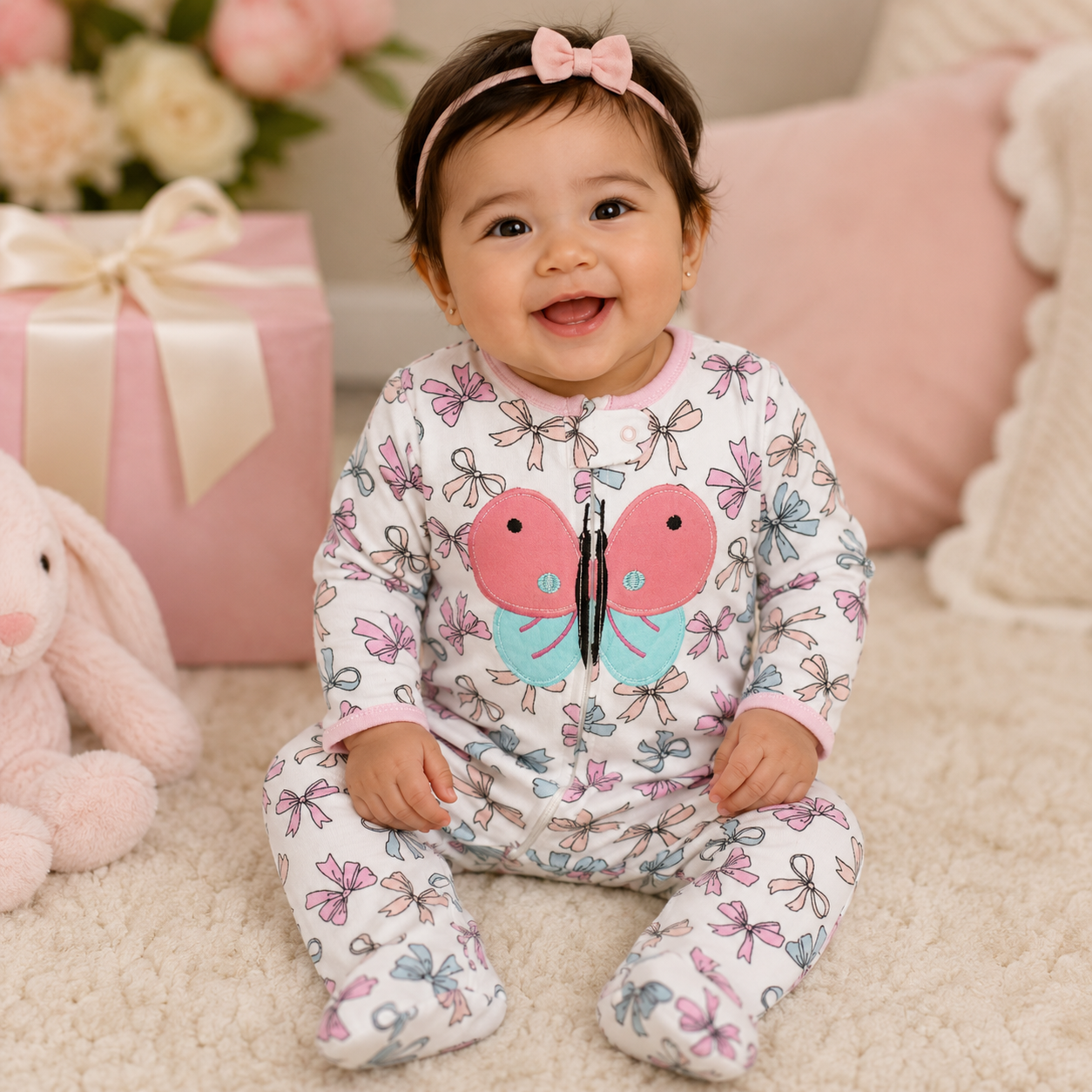 Smiling baby wearing a butterfly embroidered footed sleeper with pink ribbon print in a soft pastel nursery setting from Lullaby Threads.