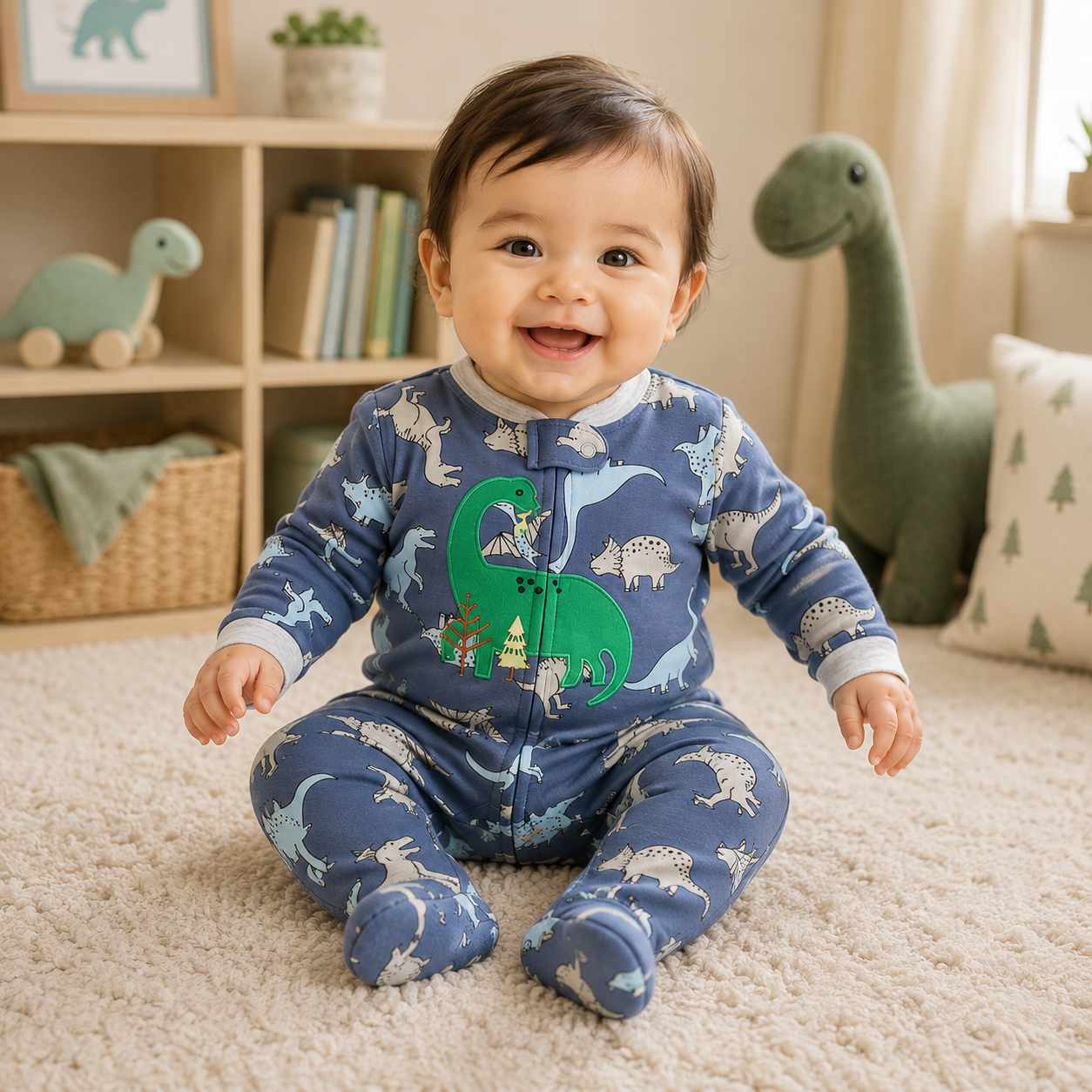 Baby boy wearing a blue dinosaur-print footed sleeper from Lullaby Threads while sitting in a cosy dinosaur-themed nursery with plush dinosaur toys.