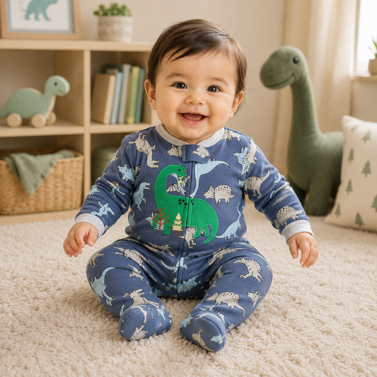 Baby boy wearing a blue dinosaur-print footed sleeper from Lullaby Threads while sitting in a cosy dinosaur-themed nursery with plush dinosaur toys.