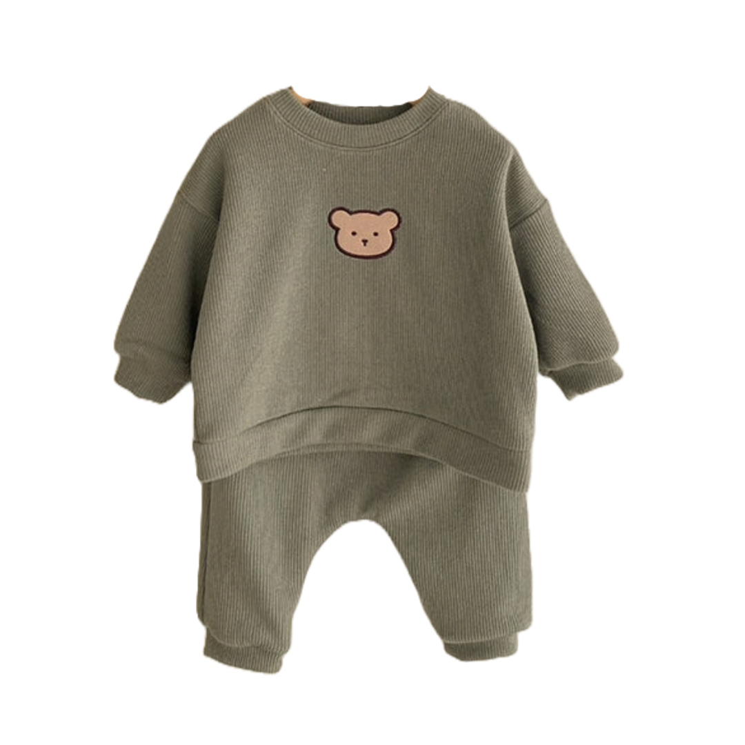 2-piece Pullover Baby Tracksuit with Bear Embroidery - Khaki