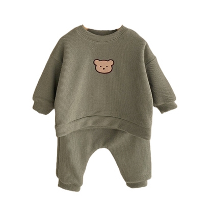 2-piece Pullover Baby Tracksuit with Bear Embroidery - Khaki