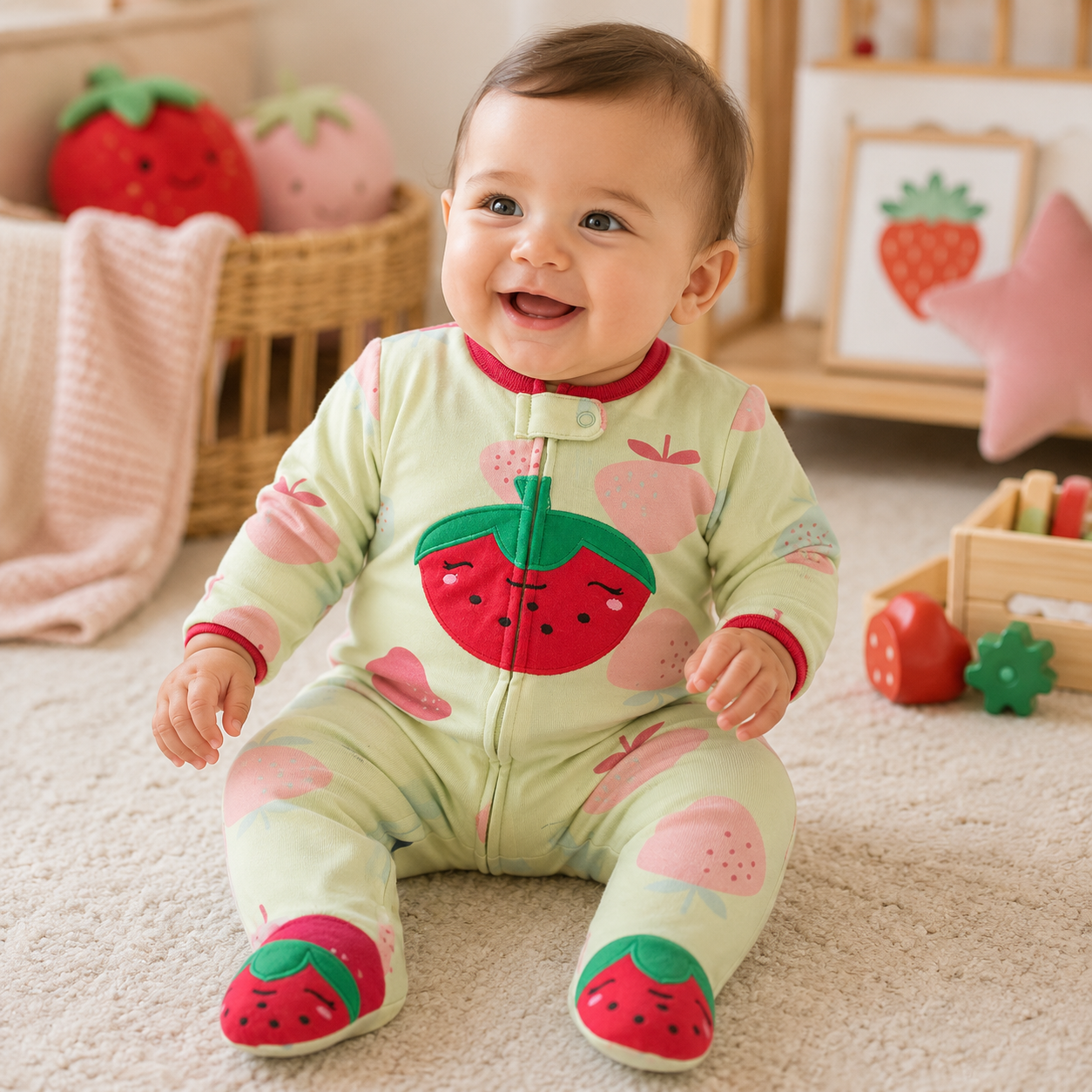 Smiling baby wearing a mint strawberry footed sleeper with a red strawberry appliqué in a bright fruit-themed nursery from Lullaby Threads