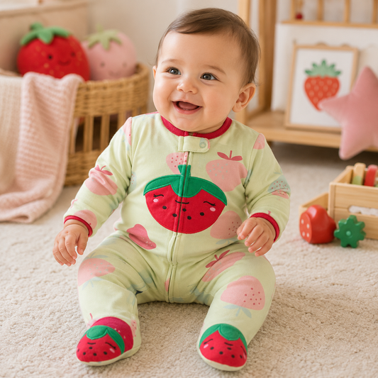 Smiling baby wearing a mint strawberry footed sleeper with a red strawberry appliqué in a bright fruit-themed nursery from Lullaby Threads